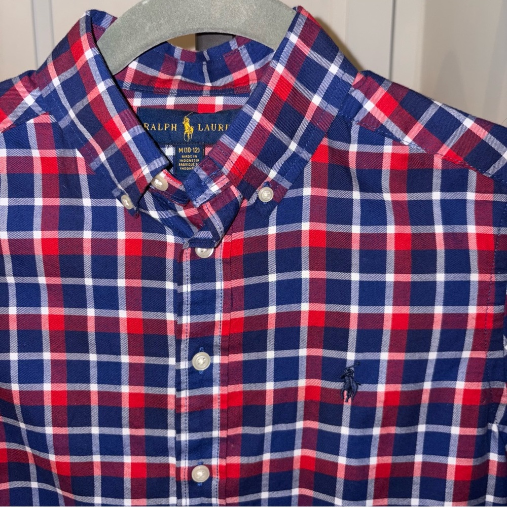 Ralph Lauren Boys Plaid Oxford Shirt Size Medium (10-12) Classic Pony Logo Navy